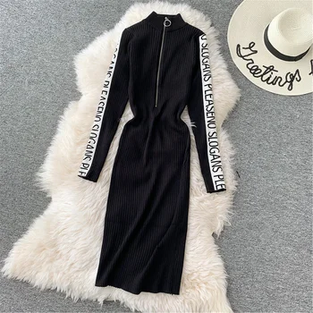 

Elegant Zipper Women Sweater Dress Turtleneck Full Sleeve Letter Prink Knitted Dress Stretch Vestidos Female Long Bodycon Dress