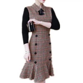 

autumn winter plaid woolen vest women peter pan collar slim a-line dress plus size 2XL