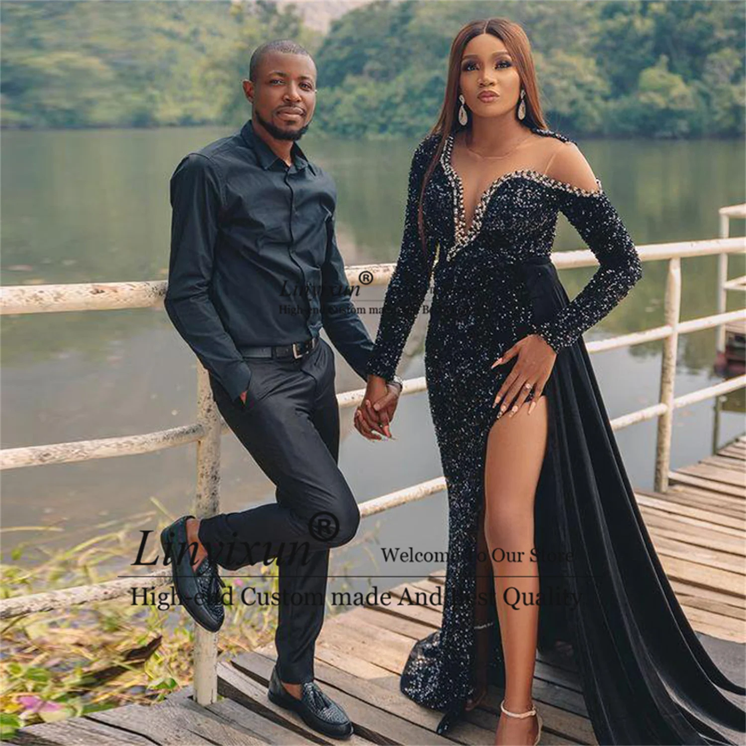 light blue prom dresses Sexy Sequins Prom Dresses With Side Thigh Split O Neck Long Sleeve African Aso Ebi Evening Gowns Black Mermaid Robes De Soirée simple prom dresses
