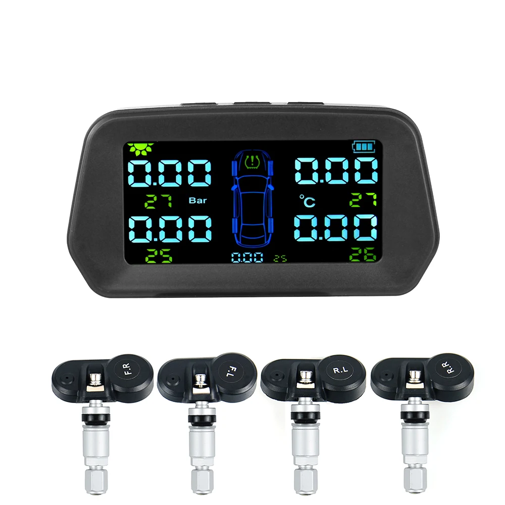 HOT Car TPMS Tire Pressure Sensors Solar Tire Pressure Monitoring System TMPS Temperature Alarm Tyre 4 External/Internal Sensor