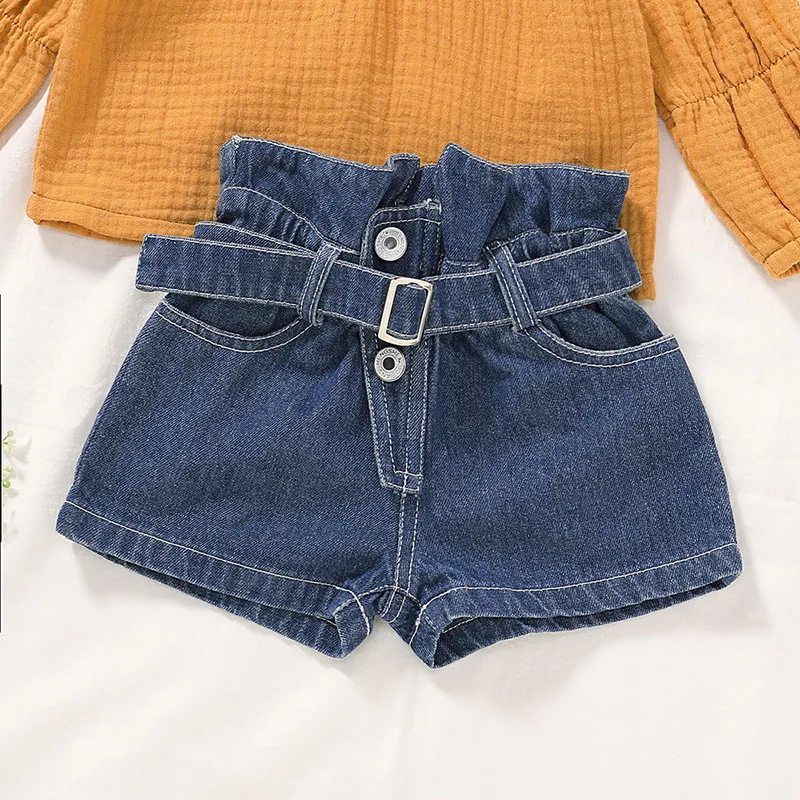LOOZYKIT 2pcs Baby Girls Sets Children Clothes Long Sleeve Solid Cotton Linen Tops Denim Shorts Summer Toddler Girls Outfits Set