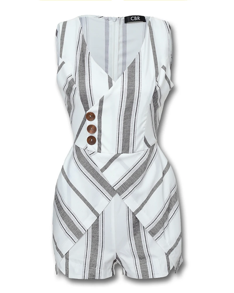 2020 Women Stylish V-Neck Casual Romper Fashion Sleeveless Striped Buttoned Design Romper