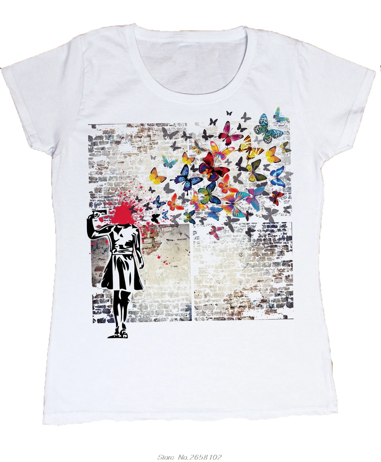 

Bansky Primo Piano Del Volto Muro Farfalla Stampa Donna Cotone Maglietta T-shirt Hip Hop Tees Tops Harajuku