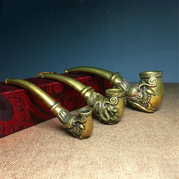 

Vintage Chinese Brass Carved Dragon Head Pipe Dragon Phoenix Pipe Tobacco Home Office Desk Decorative Exquisite Small Statues