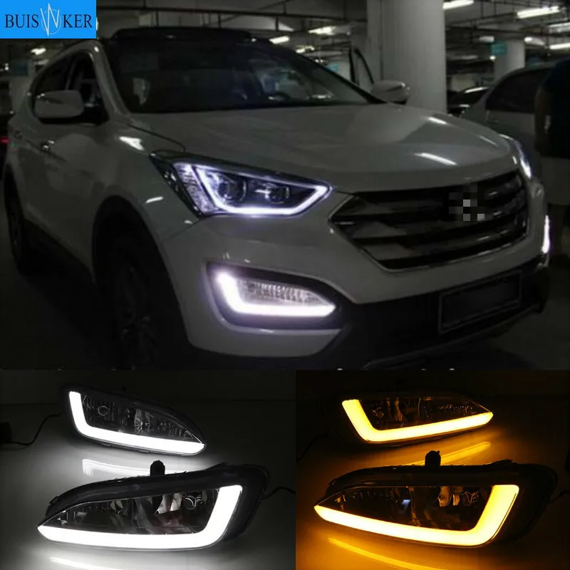 

2Pcs LED Daytime Running Lights DRL 12V Fog lamp with turn yellow signal For Hyundai Santa Fe IX45 2013 2014 2015