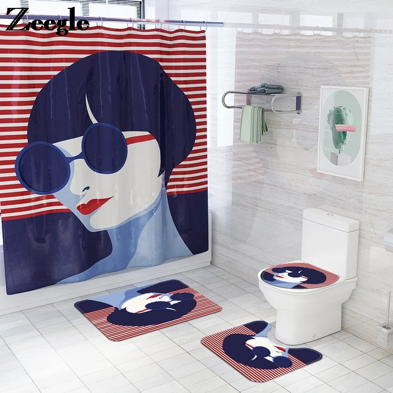 Retro style Bath Mat Set for Bathroom Carpet Rug Flannel Shower Curtain Absorbent U-Shaped Toilet Rug and Anti-slip Floor Carpet