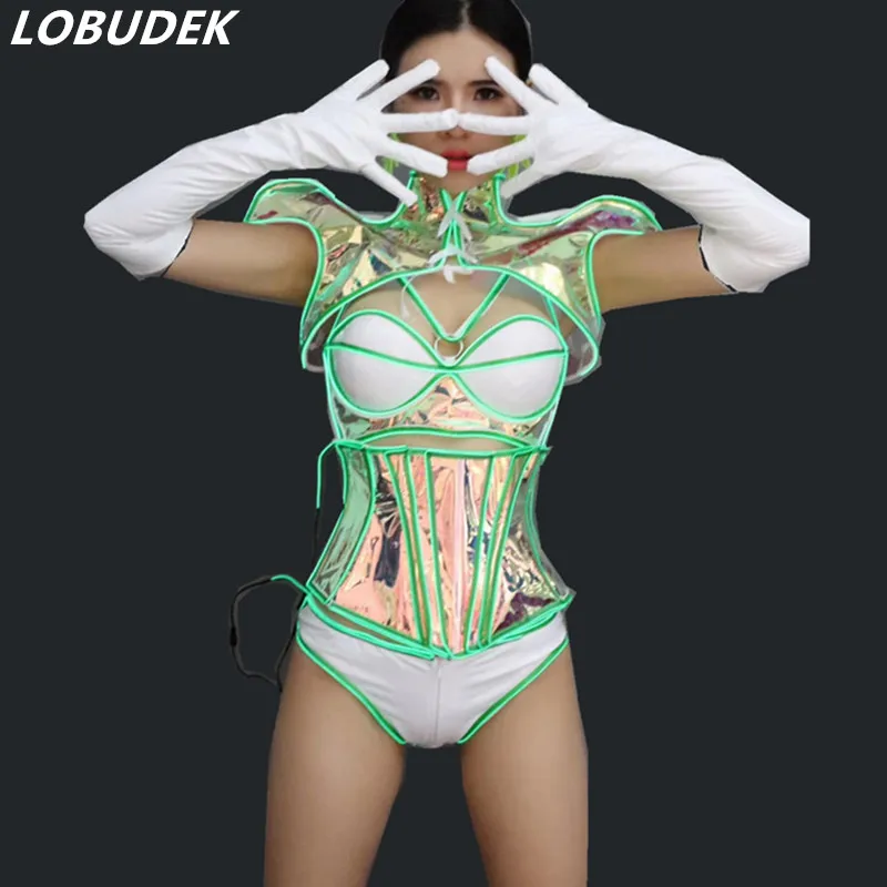

fluorescent light blink 5 pieces sets Nightclub Women Dance Costume Bar Party Show Performance Bra Stage Wears prom bar