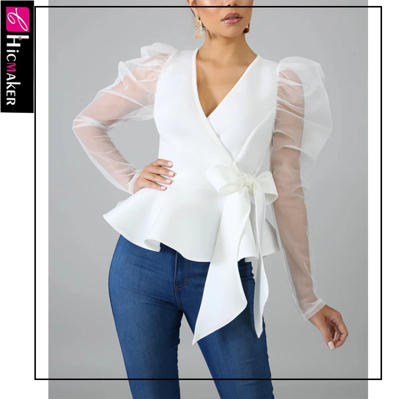 Прозрачный фатиновый расклешенный топ для женщин, прозрачный рукав, v-образный вырез, галстук, дизайн размера плюс, элегантная шикарная Офисная Женская Весенняя Осенняя блузка - Цвет: Белый