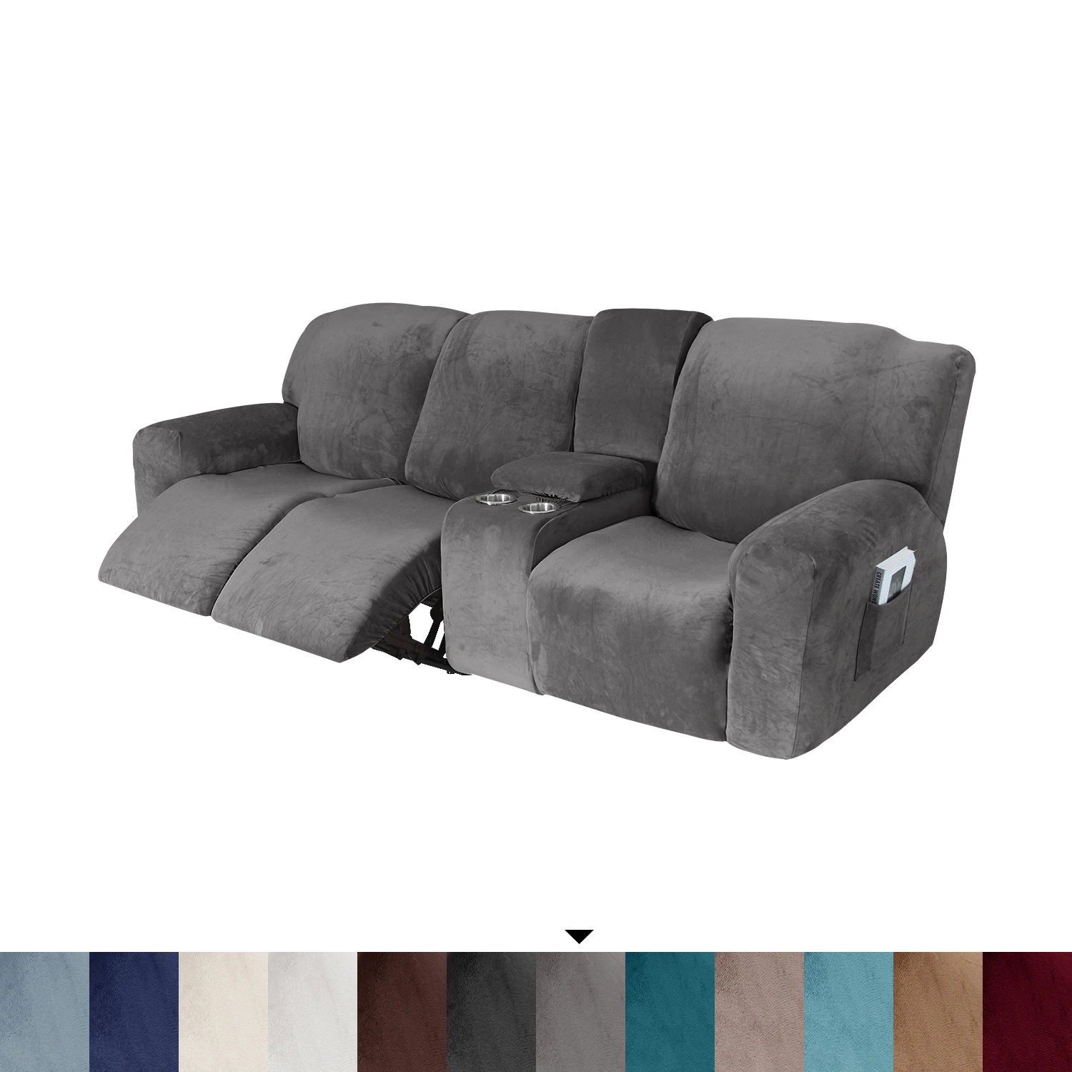 Velvet Recliner Sofa Slipcover with Cup Holders Console Slate Stretch Sofa Cover for Three Seat Reclining Furniture Protector