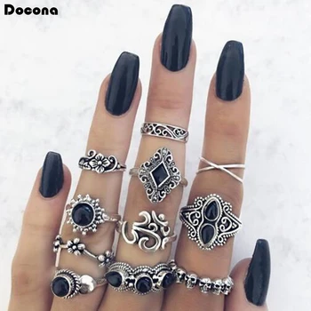 CALIENTE VENTA ❤️ Docona-Juego de 11 anillos bohemios de Color plateado, Anillos geométricos de flores de piedra de cristal negra para mujer, accesorios de joyería - discount item 35% OFF Joyas y complementos