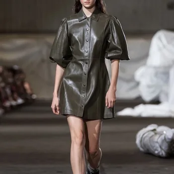 

Go Show 2020 Lapel Waist Bubble Middle Sleeve Butter Fruit Green Temperament Pu Dress