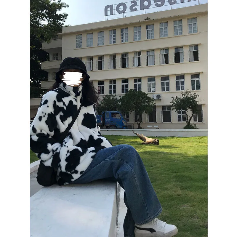 Women's Coats Winter Black White Cow Loose Female Imitate Mink-like Plush Coats Lady Trendy Jackets soft fleece college Outwear