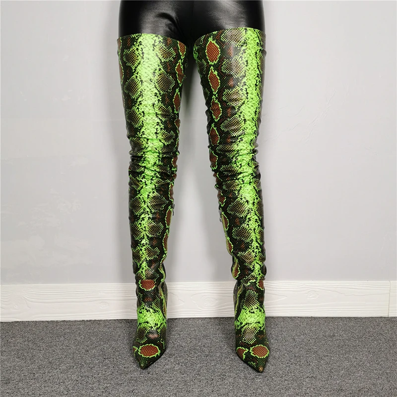 green snakeskin thigh high boots
