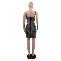 Sexy Black Strap Hot Sleeveless Crystal Diamond Mini Dress WoMesh Patchwork Bodyconwear Dress