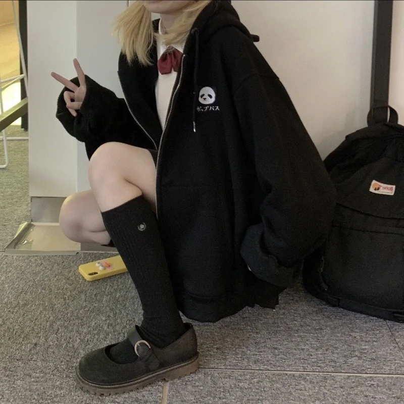 HOUZHOU 카와이 집업 후드티, 긴팔, 하라주쿠 팬더 이어 지퍼 스웻셔츠, 한국 패션, 여성 봄 코트, 블랙