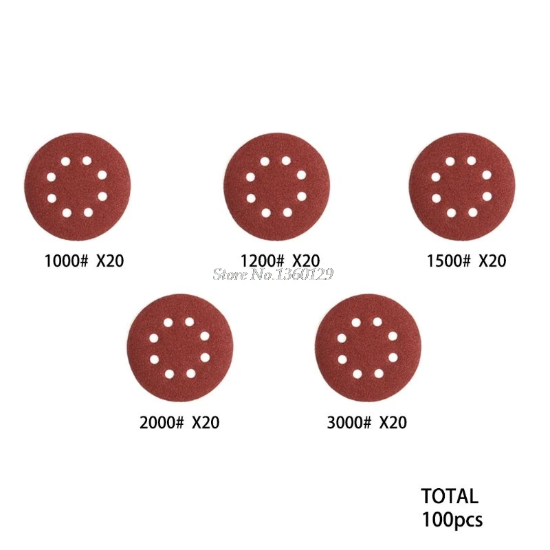 100 шт 8 отверстий 125 мм Шлифовальные диски Крюк и петля 1000 1200 1500 2000 3000 зернистость наждачной бумаги ассортимент для случайного орбитального шлифовального станка