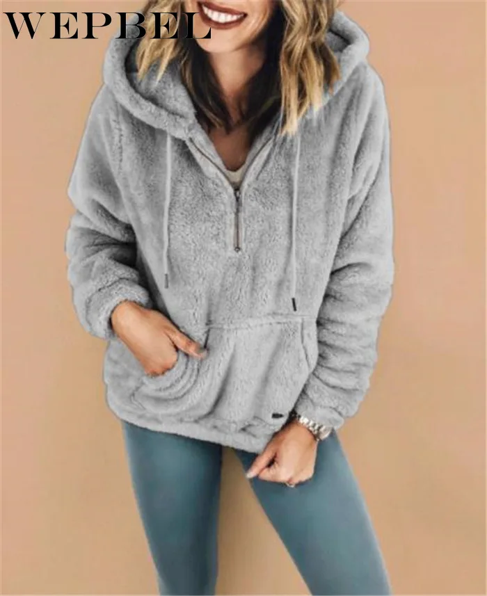

WEPBEL Women's Long Sleeve Pocket Loose Zip Pullover Warm Sweatshirts Autumn Winter Solid Color Plush Hooded Sweatshirts