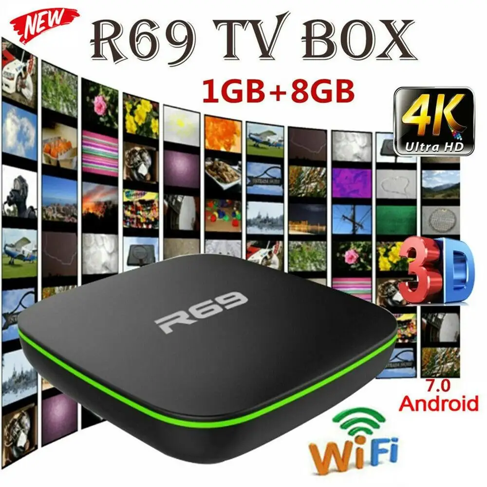 R69 Android 7,1 Smart tv Box 1+ 8G четырехъядерный HD 2,4 GHz WiFi 4K медиаплеер 1080P HD Поддержка 3D фильма