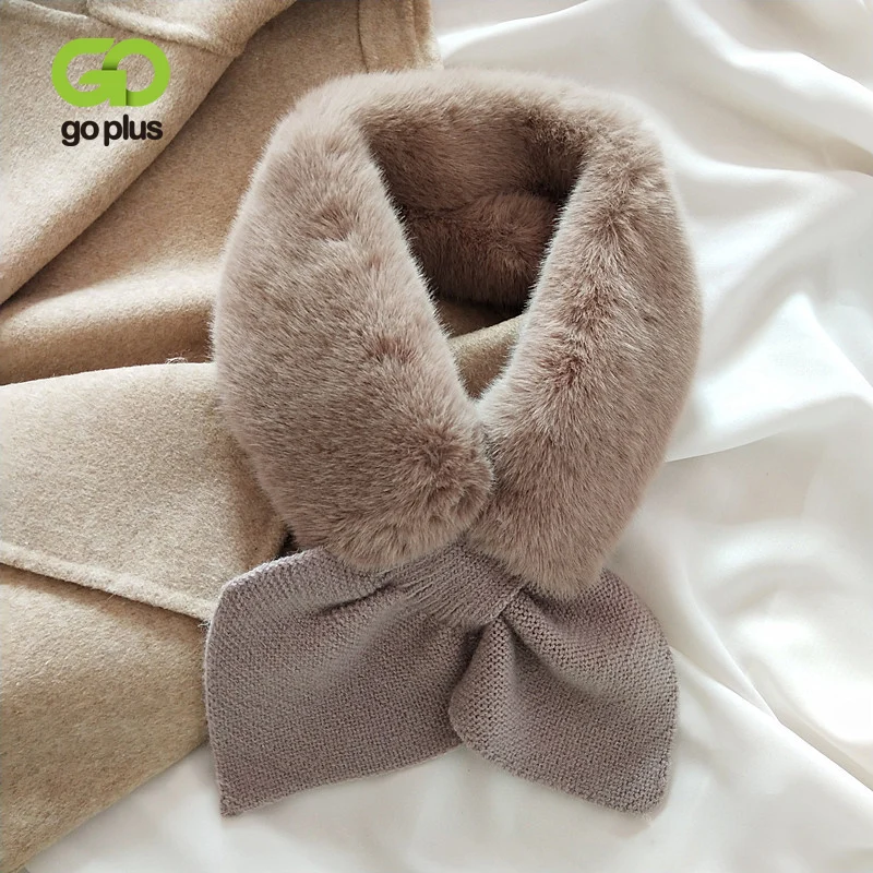 

GOPLUS Winter Women's Scarf Warm Soft Korean Style White Patchwork Knitted Faux Fur Scarf Women Female Autumn Echarpe Femme