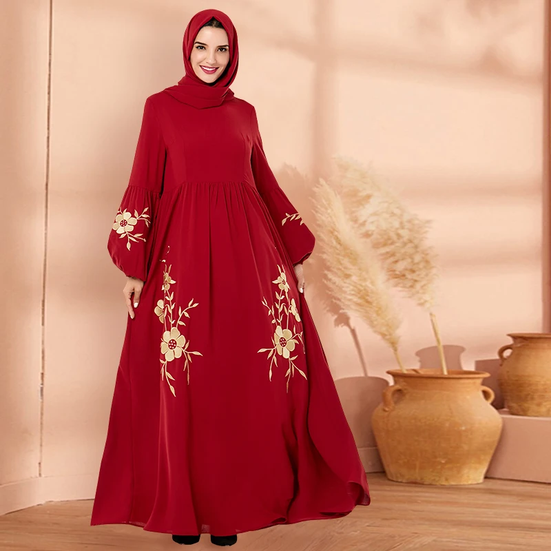 

Siskakia Moroccan Dress Chic Floral Embroidery A Line Long Dresses Bishop Sleeve High Waist Draped Swing Muslim Clothes Autumn