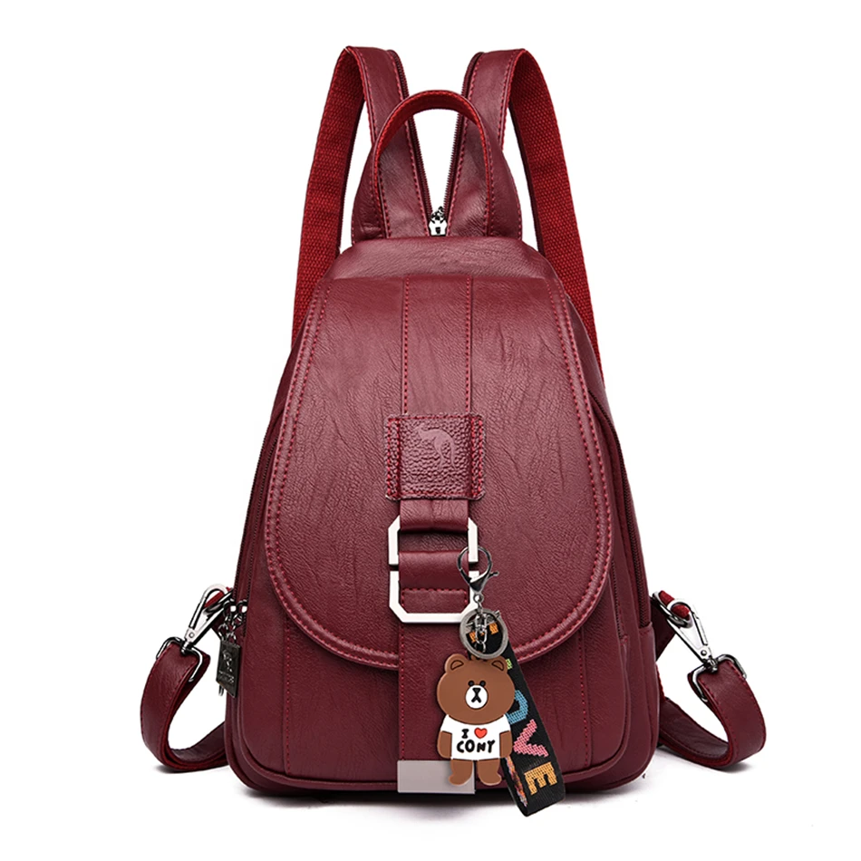 

LONOOLISA New Ladeis Cute Bear Ornaments Backpack Multifunction Soft Leather Small Back Pack Women Travel Backpack Chest Bags