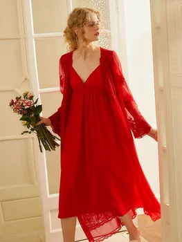 

Spring Summer Women's V-neck Robe Sets Long Sleeve Royal Roupas De Dormir Femininas Red Embroidered Lace Night Dress