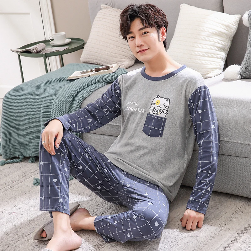 Пижамный комплект для мужчин с круглым вырезом и длинным рукавом, осенняя домашняя одежда для мужчин, s пижамы, повседневная Корейская стильная новая модная мужская одежда больших размеров - Цвет: 16