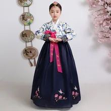 Традиционная одежда в Корейском стиле для девочек, с вышивкой, с длинным рукавом, древний танцевальный костюм для сцены, выступлений, ретро-корт, платье SL2085