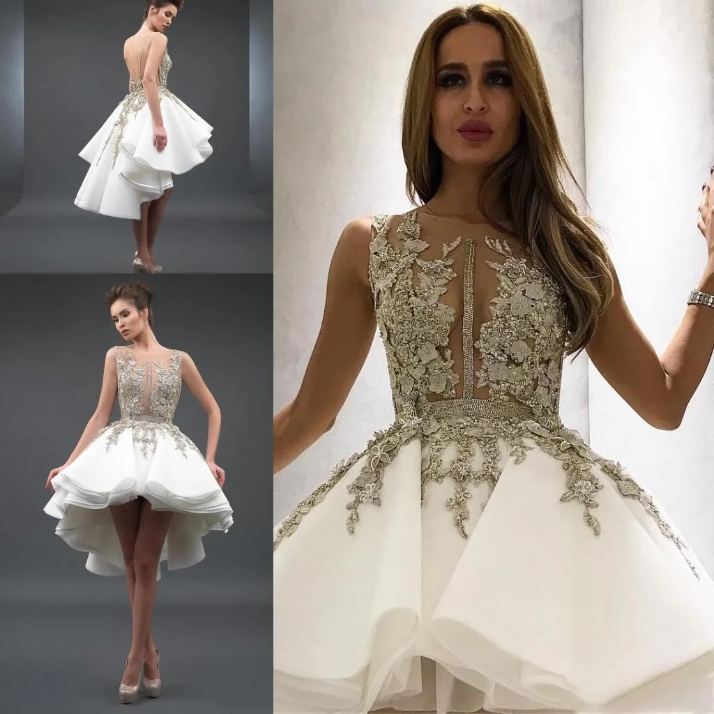 2021 Stunning High Low Backless Prom Dresses Appliqued Sheer