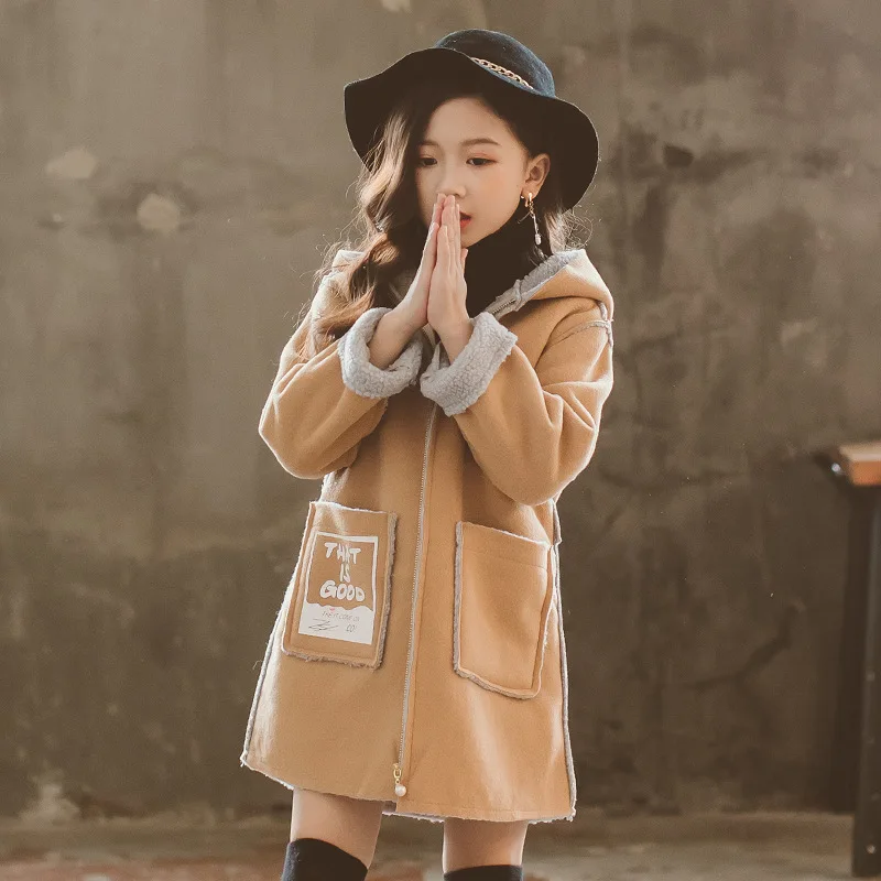 

2018 Autumn And Winter New Style Childrenswear Girls Casual Fashion Heart Duck Lambs Wool Woolen Overcoat Big Boy Coat