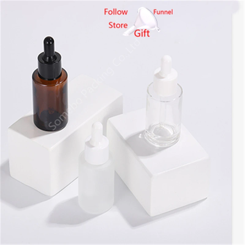 240pcs 20ml 30ml Flat Shoulder Frosted Clear Amber Glass Essential Oil Serum Bottle With Glass Dropper for cosmetics essence