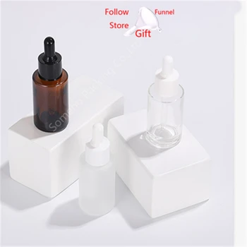 

240pcs 20ml 30ml Flat Shoulder Frosted Clear Amber Glass Essential Oil Serum Bottle With Glass Dropper for cosmetics essence