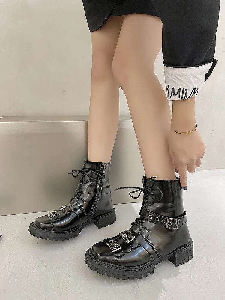 Platform Boots Ladies Punk Gothic for Women's New Combat Boots Casual Black Metal Button Knight Booties Female Motorcycle Shoes 