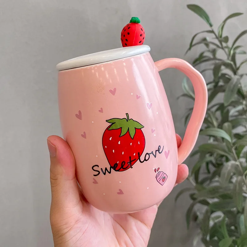 Korean-Style Cute Pink Strawberry Mug with Spoon Lid Large Capacity Ceramic  Bottle Artistic Hipster Pretty Cups for Women