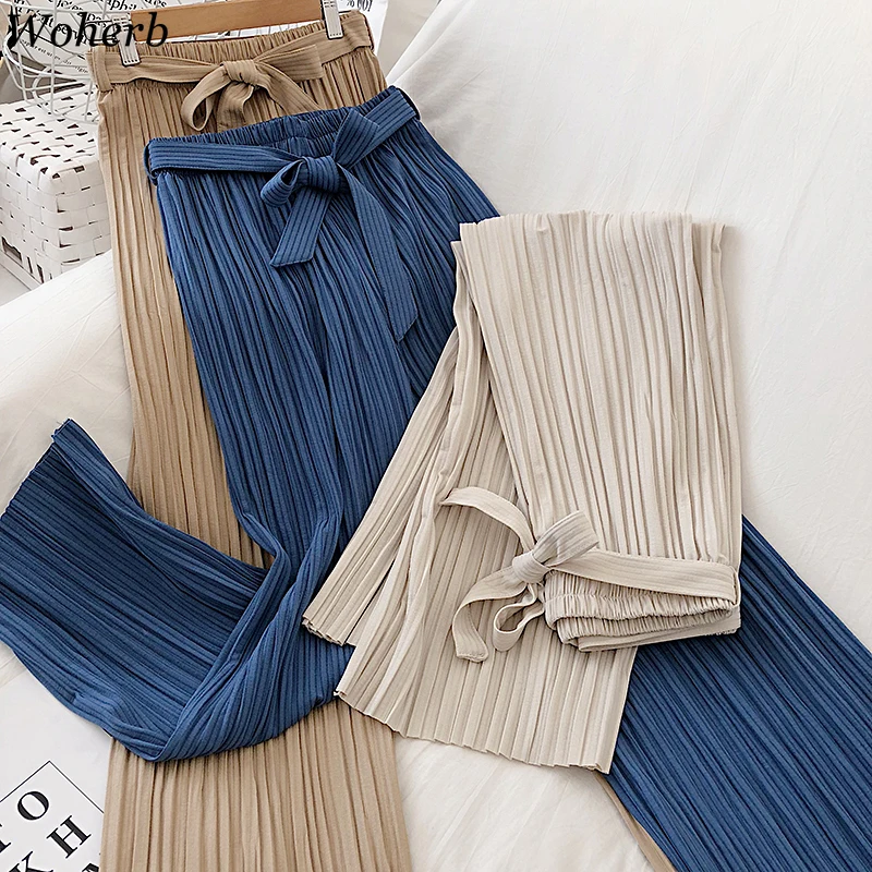 

Woherb High Waist Bow Lace Up Pleated Wide Leg Pants Women Solid Color Straight Loose Ankle Length Trousers Fashion Korean 91650
