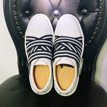 

High Quality Elastic Band White Shoes Men Luxury Slip-On Genuine Cow Leather Platform Sneakers Loafers Teenagers Mocassin Homme