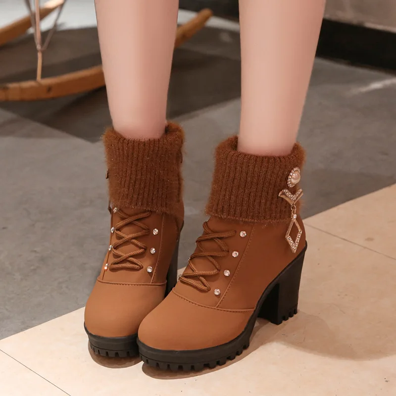 Autumn/Winter New Korean Plus Velvet High Heeled Women's Boots HairY Mouth Bold with Martin Boots Set Up Warm Short Boots