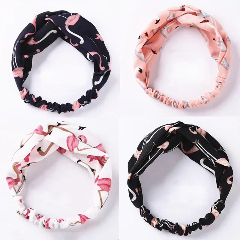 

Fashion Make up Chiffon Headbands For Women Girl Flamingo Printed Crossed Bandage Bandana Wide Turban Headwrap Hair Accessories