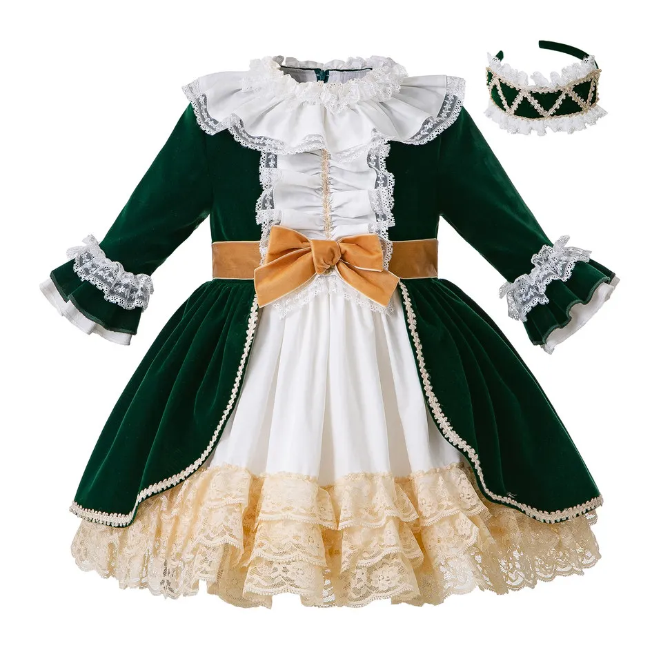 

Pettigirl Autumn & Winter Christmas Lace Girl Dresses with Headwear Girl Princess Party Dress with Bow Green Kids Clothes