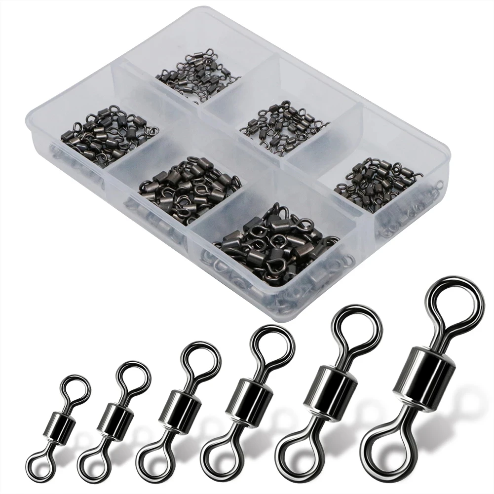 

120pcs/1box 6 Size Fishing Swivel Solid Connector Ball Bearing Snap Fishing Swivels Rolling Stainless Steel Bead Fish Tackle Box