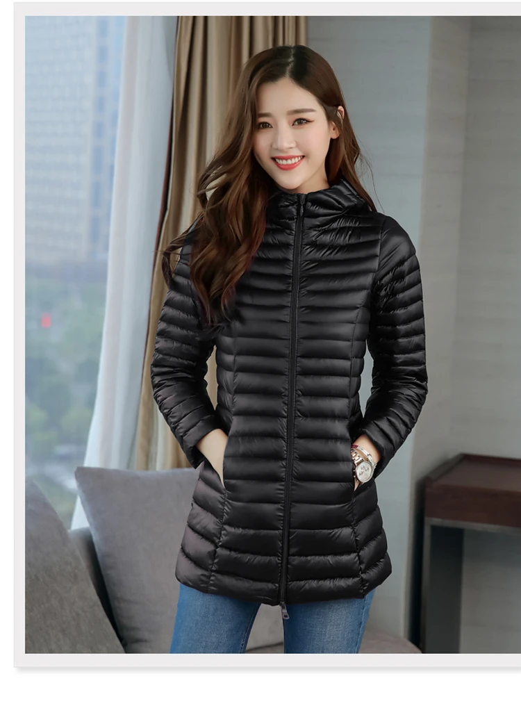Winter Long Sleeve Thin Mid-length Slim Fit White Duck down Jacket Fashion Elegant Korean-style Cotton Overcoat