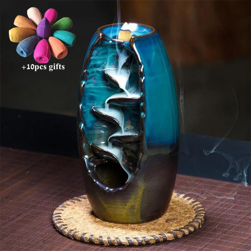 Ceramic Retro Ceramic Backflow Incense Burner Waterfall Censer Incense Holder Aromatherapy Furnace Home Decoration+ 10pcs Cones - Цвет: With 10pcs mixed