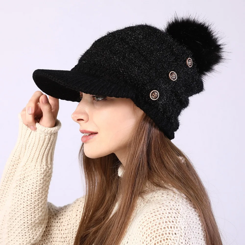 Autumn And Winter Female Warm Hat Beanies Cap With Visor Women Skullies Acrylic Button Hairball Plus Velvet Warm Soft Knitting 6