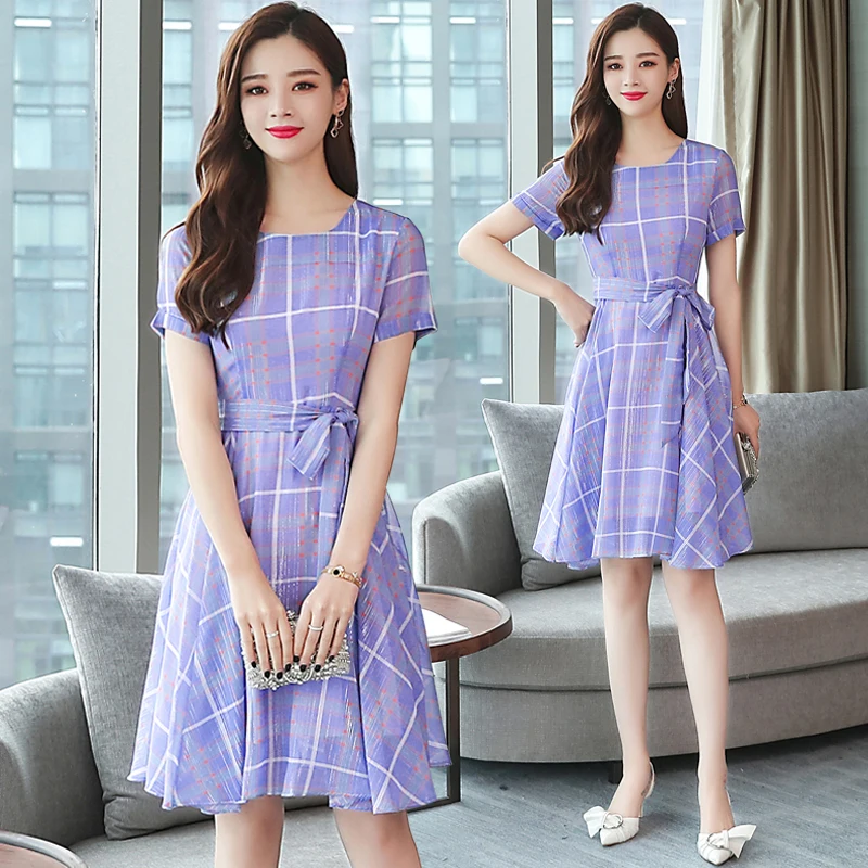 

2020 Korean Vintage Plus Size Boho Fashion Dresses Summer Plaid Chiffon Beach Sundress Elegant Women Short Sleeve Party Vestido