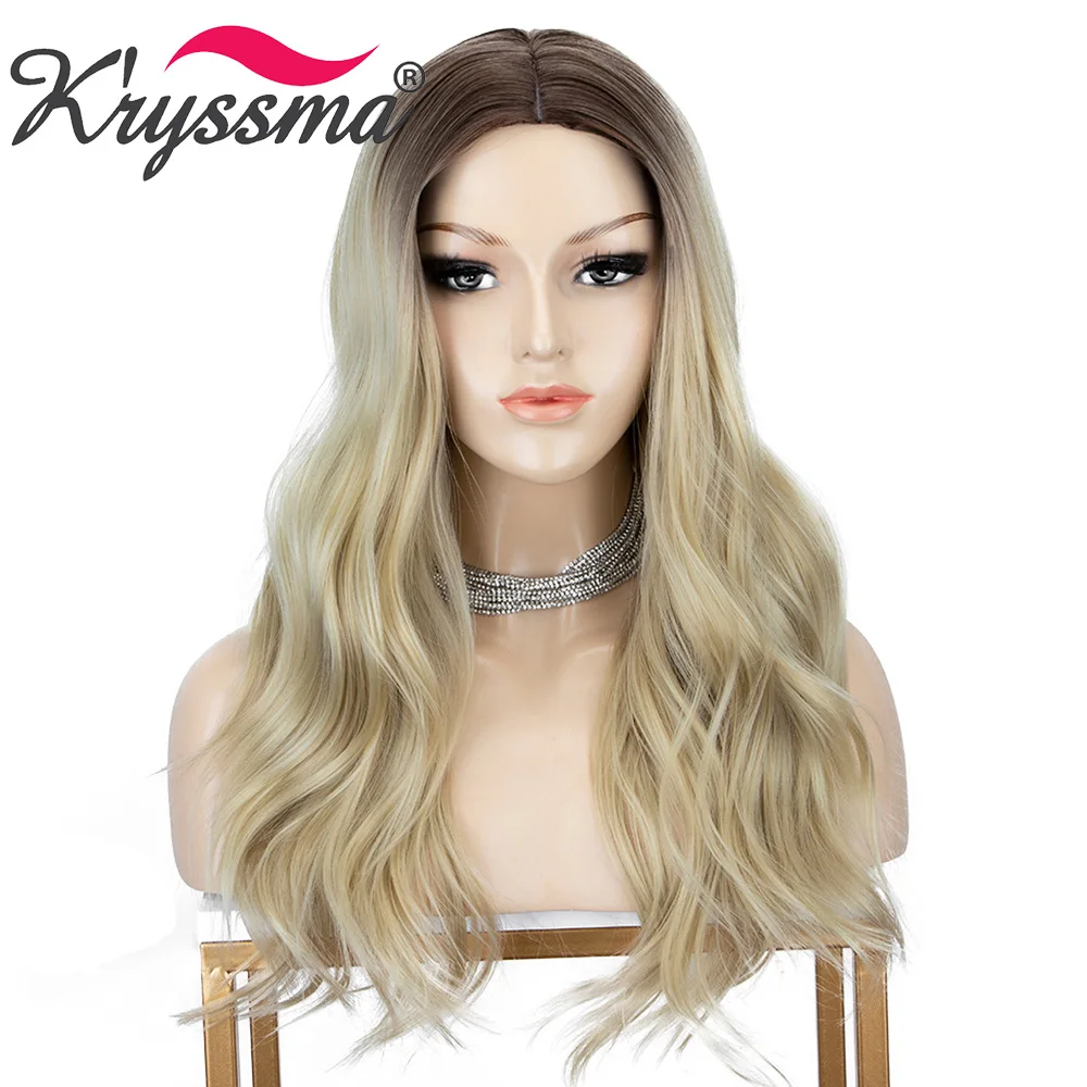 Us 23 54 57 Off Kryssma Ombre Blonde Wigs Wavy Synthetic Wigs For Black Women Dark Root Long Highlight Cosplay Wig Heat Safe Hair Fiber In Synthetic