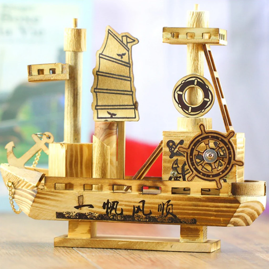 Creative Home Decoration, Wooden Crafts Sailing Figurine Small Wooden Boat Music Box, Ornaments Sailing Model Gift
