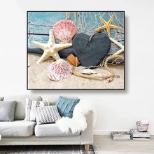 Canvas Art Painting Beach starfish, shells and wood carving Art Poster Picture Wall Decor Modern Home Decoration For Living room