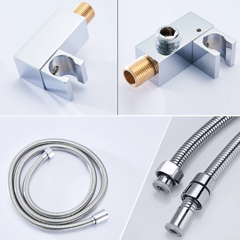 BAKALA All Brass Square Chrome Or Black Hand Held Shower Head With Brass Wall Connector Holder And 1.5m Stainless Steel Hose Shower Head Shower Set