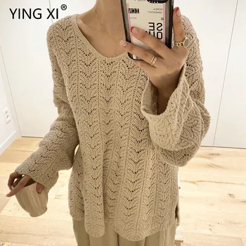 

YING XI 2020 Spring Loose Casual V-neck Hollow Women Pullovers Sweater Long Sleeve Black And Khaki Sweater Cotton Linen