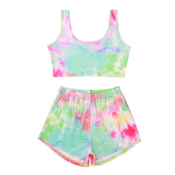 

Women Sleepwear Suits Tie Dye Print Sleeveless Crop Tank Top and Elastic Waist Shorts Casual Slim Two Piece Female Pajama Sets